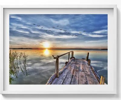 Produktbild von Sonnenuntergang am See– Wandbild mit Rahmen – Gerahmtes Bild  – Wanddekoration – 80x60 cm –  Weiß Rahmen