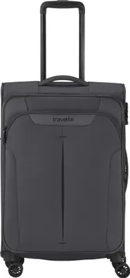 A dark gray suitcase with a telescopic handle and wheels, presented against a white background.