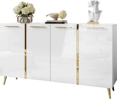 Obrázek produktu pro Bílá lesklá komoda na zlatých nožkách ONYX 4D se zlatými úchyty 158 cm