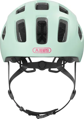 A front view of a mint green bicycle helmet with black straps.