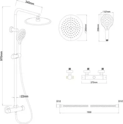 Produktbild von Regenduschset mit Thermostatarmatur 25 cm mattschwarz mit Handbrause und Glijstangenset