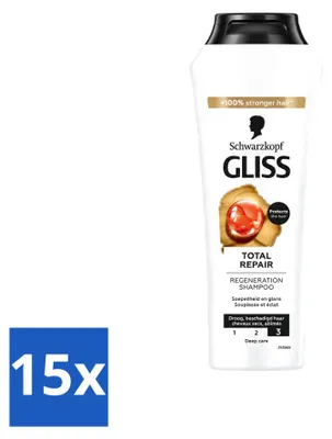 Productafbeelding van 15 x Schwarzkopf Gliss Total Repair Shampoo voor intensieve haarreparatie, 250 ml - Voordeelverpakking - 15 stuks