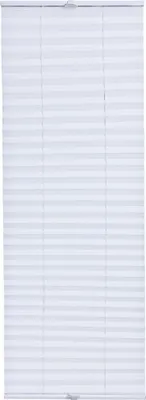A white pleated blind is shown hanging vertically against a white background.