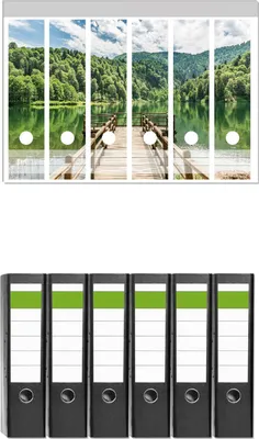 Produktbild von Wallario 6 Stück breite Ordner inkl. Klebeetiketten mit Motive Steg am See in den Bergen -  Set mit Rückenschildern / Ordnerrücken Stickern