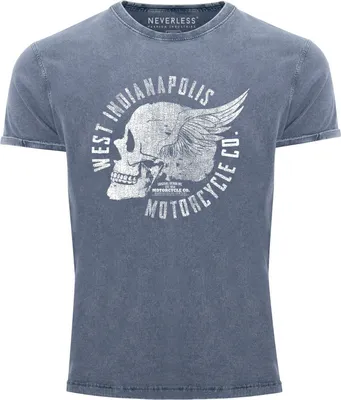 Produktbild von Cooles Angesagtes Herren T-Shirt Vintage Totenkopf Skull Wings Used Look Slim Fit Neverless® blau S