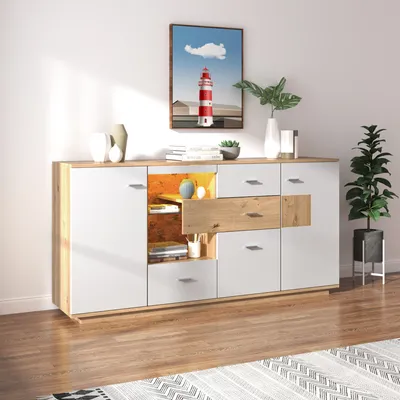 Obrázek produktu pro Merax Příborník LED se skleněnou policí, komoda s nastavitelnými policemi, š:160cm