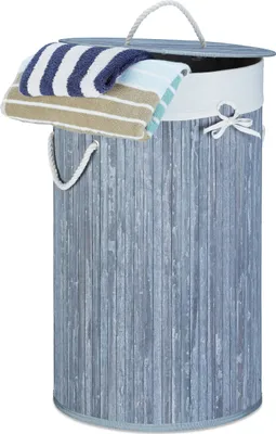 Produktbild von Relaxdays Wäschekorb Bambus, faltbare Wäschetonne mit Deckel, Volumen 70 Liter, Wäschesack Baumwolle, rund Ø 41 cm, grau