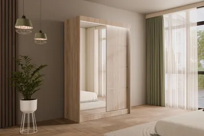 Produktbild von ALTDECOR Kleiderschrank mit Spiegel und Schiebetüren, kugelgelagerte Führungsschienen und Aluminium-Leisten, LED-Beleuchtung (weiß + 16 Farben) und Fernbedienung - PAOKI - 150 cm Sonoma