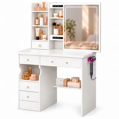 Productafbeelding van Make-uptafel met LED-verlichting, stopcontact en USB-poort, witte kaptafel met schuifspiegel, 5 lades, veel opbergruimte, 90x40x135 cm