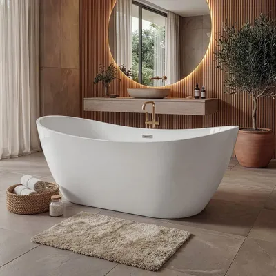 Produktbild von Badplaats Freistehende Badewanne Alegre 170 x 78 x 68 cm Weiß Hochglanz - Standbadewanne aus Acryl mit Mit Überlauf und Abflussstopfen