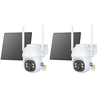 Image de 2K+ 3MP 4G LTE batterie caméra de surveillance , panoramique et inclinaison, pas de WiFi, slot pour carte SIM, 2 Pack panneau solaire
