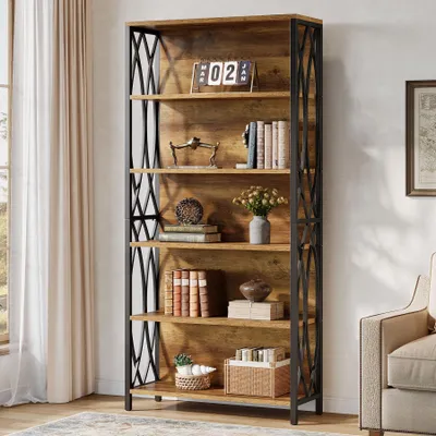 Produktbild von Tribesigns Bücherregal mit 5 Ebenen, hohes Holz-bücherregal, Industrie-Design, mit Metallrahmen für Wohnzimmer, Schlafzimmer, Braun