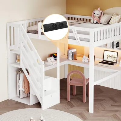 Obrázek produktu pro okwish Dětská postel 140×200 cm s úložnými schody, psacím stolem, USB zásuvkou a LED osvětlením, patrová postel, bílá, bez matrace