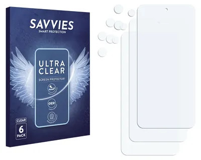 A product package for screen protectors is shown next to the screen protectors themselves.