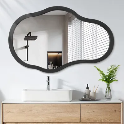 Image de Miroir mural avec cadre en bois, design asymétrique, dimensions 65x45 cm, couleur noire