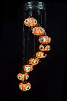 Image de Suspension turque Mozaik Lampe marocaine Fait main 9 boules de verre colorées Lustre 160 cm