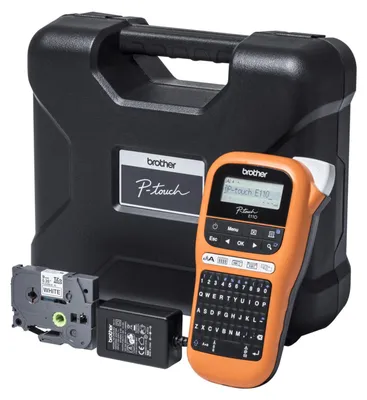 Produktbild von Brother PTE110VPYP1, QWERTY, TZe, 180 x 180 DPI, 20 mm/sek, Schwarz, Orange