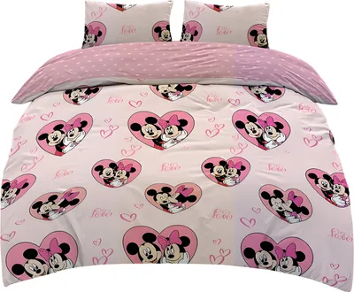 Immagine prodotto di Biancheria da letto double-face rosa 135x200cm - Mickey e Minnie in un cuore