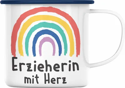 Produktbild von Trendation - Erzieherin Emaille Tasse Geschenk mit Herz Geschenke Abschiedsgeschenk mit Spruch Emaille Emaille Tasse Kindergärtnerin (Blau)