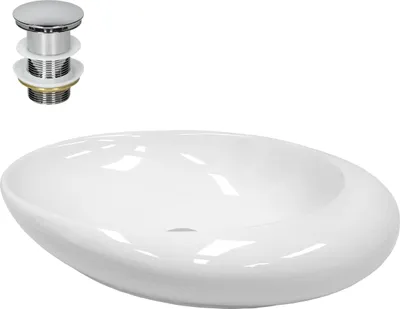 Produktbild von LuxeBath Waschbecken Aufsatzwaschbecken Oval, 58,5x37,5x14,5 cm, Weiß, aus Keramik, inkl. Ablaufgarnitur ohne Überlauf