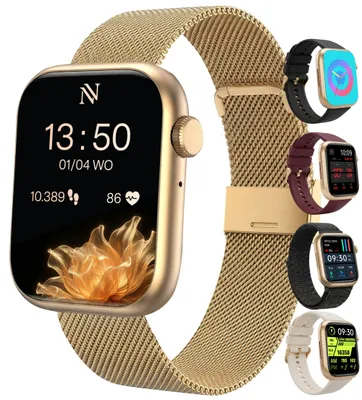 Productafbeelding van Nuvance Smartwatch Dames - Stappenteller Horloge Dames - Hartslagmeter - Sporthorloge - Geschikt voor iOS/Android - Incl. 5 Bandjes - Goud