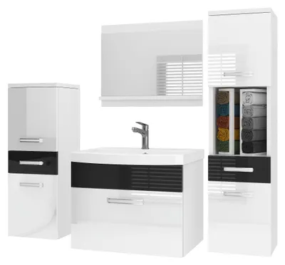 Immagine prodotto di Set di mobili da bagno BELINI PRI P5, 120 cm, bianco/nero lucido - Mobile bagno moderno con lavabo e specchio, completo di tutti gli accessori, da montare a parete