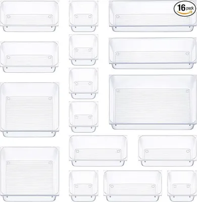 Produktbild von 16-teiliger transparenter Kunststoff Schublade Aufbewahrungsbox Set, 5-Größen multifunktionaler Schublade Aufbewahrungsschale