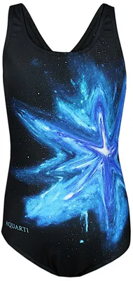 Produktbild von Aquarti Mädchen Badeanzug Chlorresistent Schwimmanzug Muscleback Wassersport Swimsuit, Farbe: Bunter Fleck Türkis Blau / Schwarz, Größe: 146