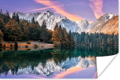 Produktbild von MuchoWow® Poster Berg - Wald - Wasser - Himmel - Rosa - Lila 120x80 cm - Bilder