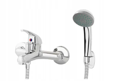 A chrome-finished bathtub faucet with a handheld showerhead, presented against a white background.