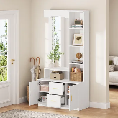 Zdjęcie produktu dla Szafka do przedpokoju Merax z lustrem, szafa z szafką na buty i półkami, wielofunkcyjny mebel do przedpokoju z 2 szufladami i 2 drzwiami, wykonany z MDF, biały