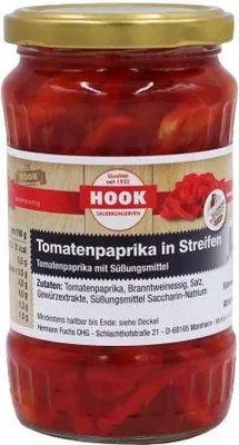Obrázek produktu pro Hook – papriky s rajčaty nakrájené na proužky, 6 sklenic po 165 g – čerstvé, křupavé papriky a aromatická rajčata, ideální do salátů, jako svačina i do teplých pokrmů