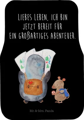 Produktbild von Mr. & Mrs. Panda Automatte Pinguin & Maus Wanderer - Schwarz - Geschenk, Wandern, Wanderlust, Autoteppich, Auto-Fußmatte, Abenteuer, Auto Fußmatte, Roadtrip, Fürs