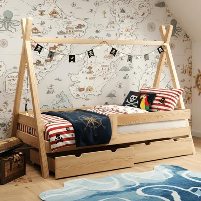 Produktbild von MEBLE WRÓBEL Kinderbett Tipi 90x200 cm - Bett aus Kiefernholz mit 2 Schubladen & Rausfallschutz - Hausbett für Mädchen und Jungen - Abgerundete Kanten