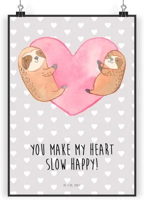 Produktbild von Mr. & Mrs. Panda Bild Faultiere Herz DIN A5 - Grau Pastell - Geschenk, Plakat, für Frauen, Freundin, Jahrestag, Valentinstag, wanddeko, drucke, Hochzeitstag, Partner