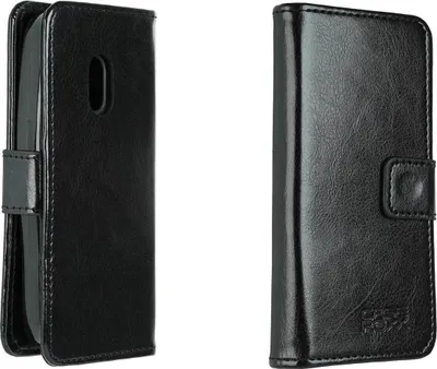 Two views of a black leather flip phone case against a white background.