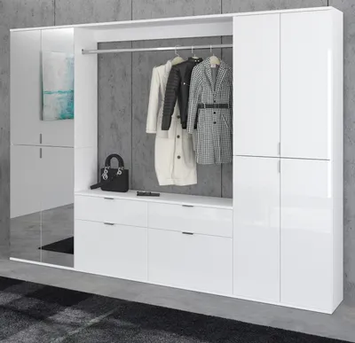 Produktbild von Garderobe SystemX in weiß Hochglanz Garderoben- und Schuhschrank mit Spiegeltür 243 x 193 cm
