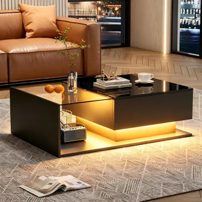 Imagen del producto de Mesa de centro, 100x50x32 cm, acabado brillante, superficie de cristal, cajones, resistente a arañazos, 1 cajón, con iluminación LED, diseño moderno