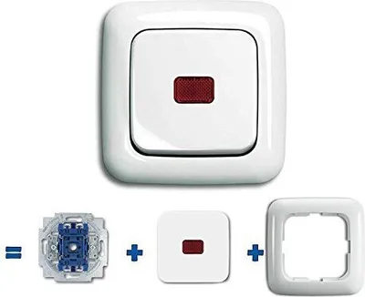 Produktbild von Busch Jäger Komplettset // Lichtschalter mit 1 x Wippschalter permanent beleuchtet (2000/6 USGL) mit Wippe (1 x rote Kalotte) inkl. 1 fach Rahmen - komplett einbaufertig - z.B. als Kellerlicht Schalter - alpinweiß - Reflex SI