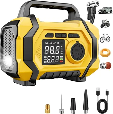 Immagine prodotto di Pompa per pneumatici portatile - Compressore d'aria senza fili - Gonfiaggio 6 volte più veloce - 150 PSI - 12 V - Spegnimento automatico - Display LED - Giallo