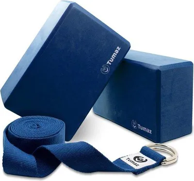 Productafbeelding van Famanu Yoga Blok Set, 2 stuks met yogaband, 240 cm, gemaakt van EVA-schuim, geschikt voor beginners en gevorderden