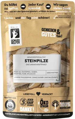 A close-up of a brown paper pouch containing dried mushrooms, with various text and logos printed on the front.
