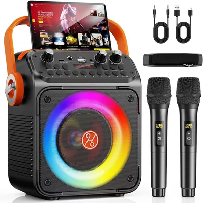 Produktbild von Karaoke-System – Partybox – Musikwiedergabe – Mit 2 Mikrofonen – 26 x 31 x 16 cm – Schwarz