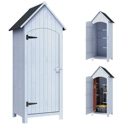 Image de Outsunny Abri de jardin en bois cabane de jardin exterieur armoire de jardin avec toit bitumé 3 étagères porte avec loquet rangement et stockage extérieurs pour terrasse 77,5 x 54,2 x 179,5 cm blanc