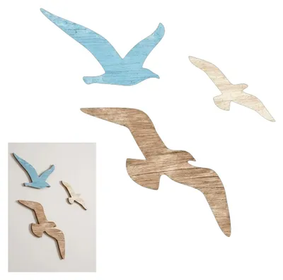 Produktbild von Maritime Wanddekoration, 3-teiliges Set aus Holz für die Gestaltung maritimer Räume, Wanddeko in Naturholz, Blau und Weiß