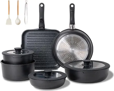 Image de JEETEE Set de casseroles Set de poêles 25 pcs. poignée amovible antiadhésif four noir