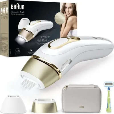 Produktbild von IPL Haarentferner Braun Silk·expert Pro 5 PL5152, Lichtimpulse, 2 Aufsätze, Venus Rasierer, Tasche, Weiß/Gold