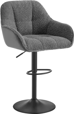 A gray bar stool with a fluffy seat and backrest, on a black adjustable stand and base.