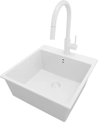 Produktbild von PRIMAGRAN Granitspüle Alles Weiß 48x50cm, Spülbecken 1 Becken + Küchenarmatur 40x20cm + Ablauf-Set, Küchenspüle ab 50er Unterschrank - Riga