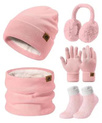 Immagine prodotto di Set da 5 pezzi da donna per l'inverno: berretto, sciarpa, guanti, fodera in pile, colore rosa